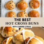 Hot cross buns freshly out of the oven on a parchment-lined baking tray.