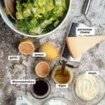 Mayo, yogurt, Worcestershire sauce, garlic, lemon juice, and Dijon mustard.