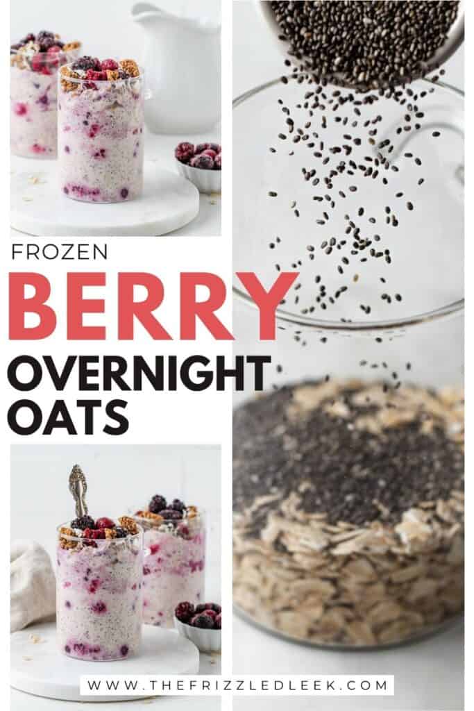 Two glass jars filled with overnight oats and topped with frozen berries and granola.