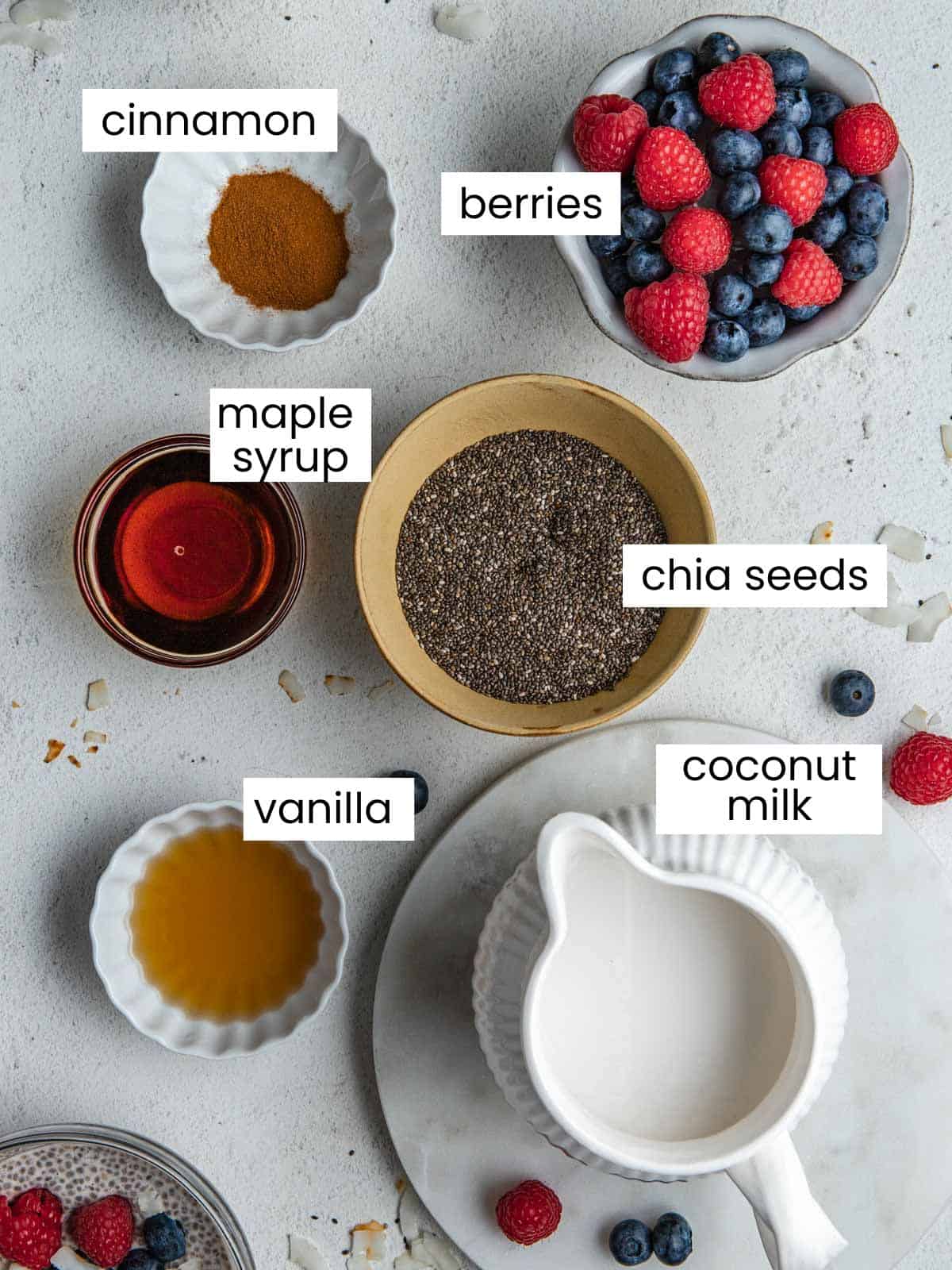 Ingredients use in this recipe are: chia seeds, coconut milk, vanilla, maple syrup, cinnamon, and fresh berries.