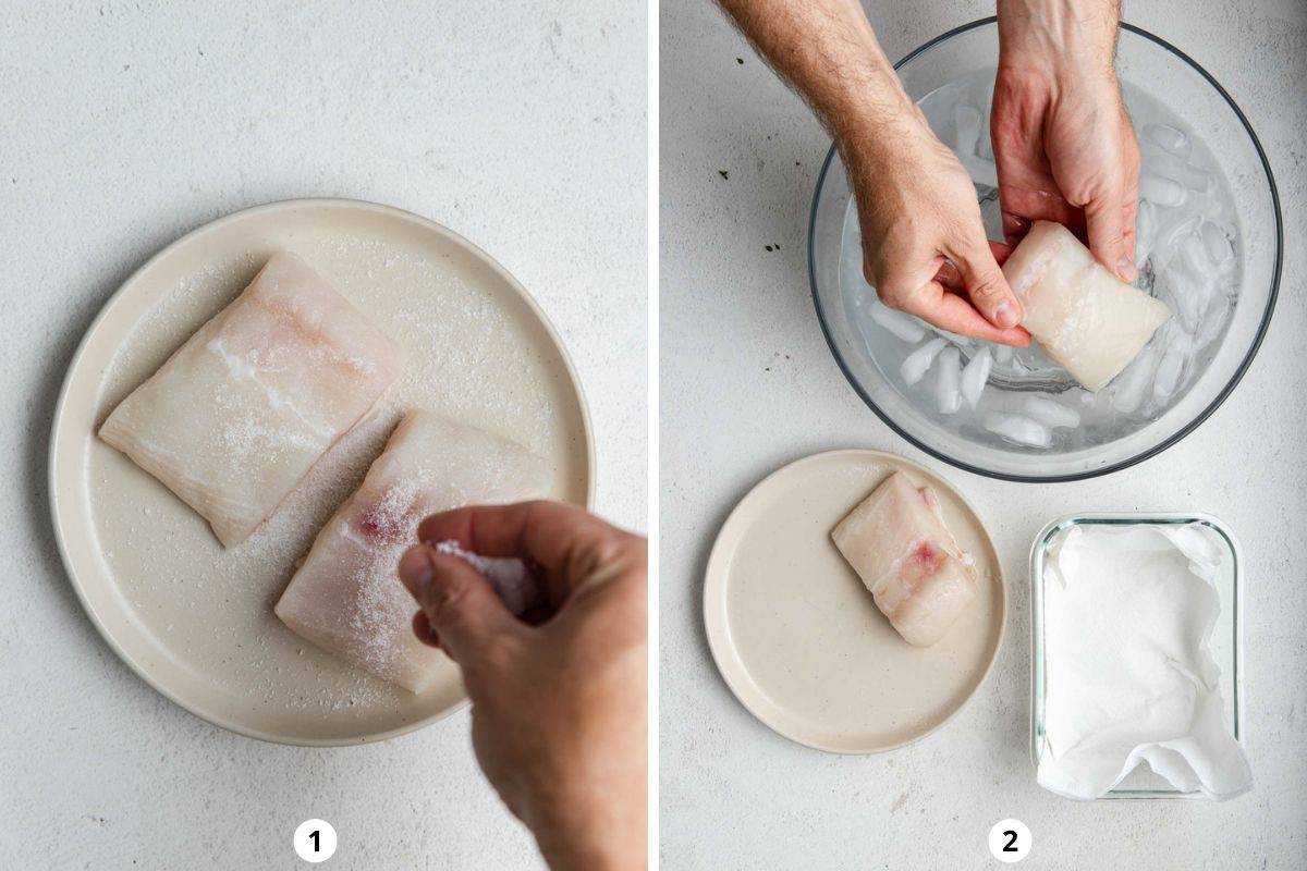Quick curing halibut fillet in a salt and sugar mixture, then washing it off in ice water.