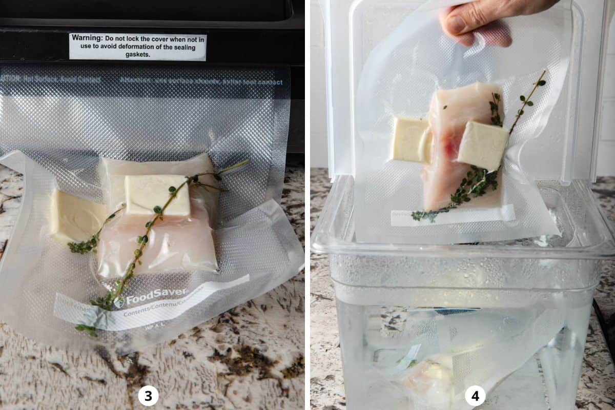 Vacuum sealing halibut with butter and herbs and placing it into a sous vide hot water bath.