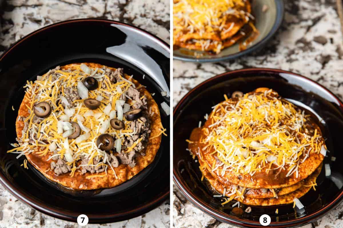 Assembling stacked enchiladas with ground beef, onions, olives, and cheese.