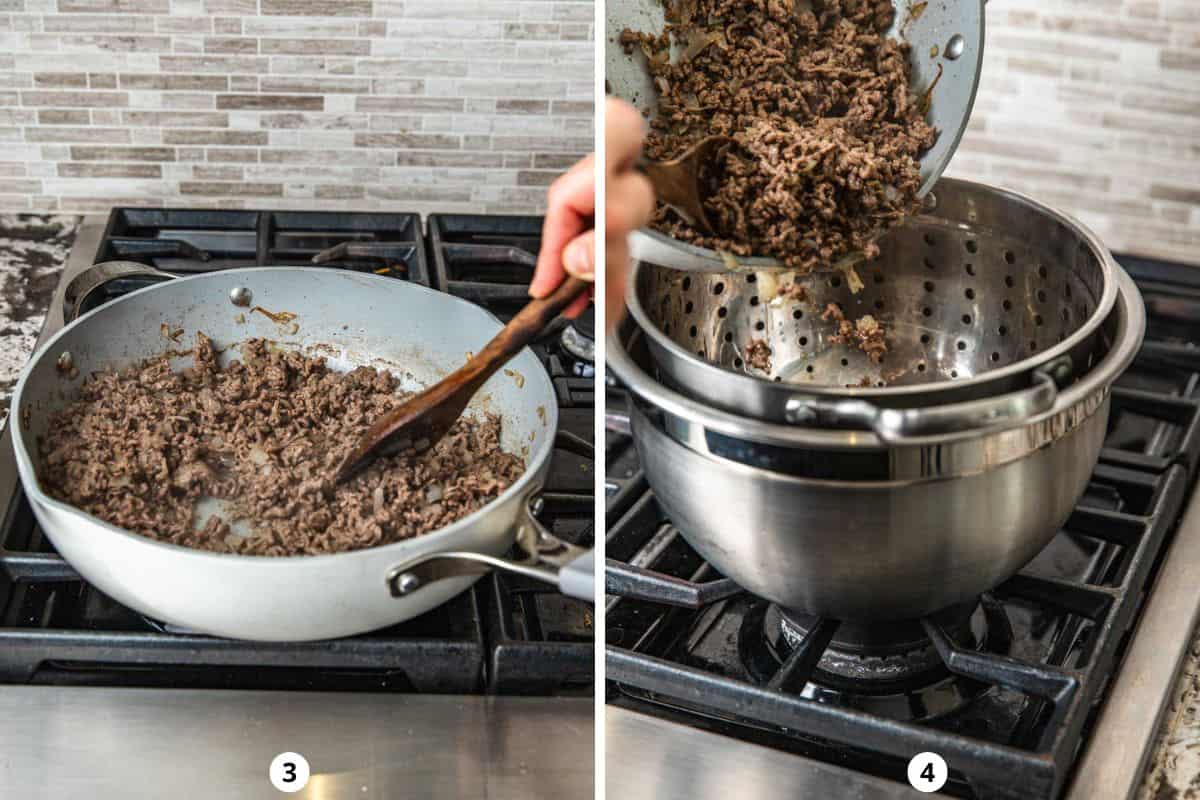 Cooking ground beef in a large pan and then draining off the excess fat in a colander.