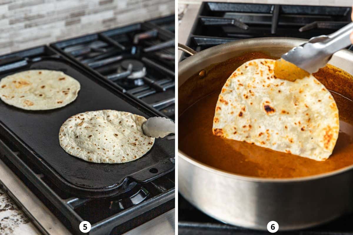 Toasting flour tortillas until crispy and then dipping them into the enchilada sauce to coat.