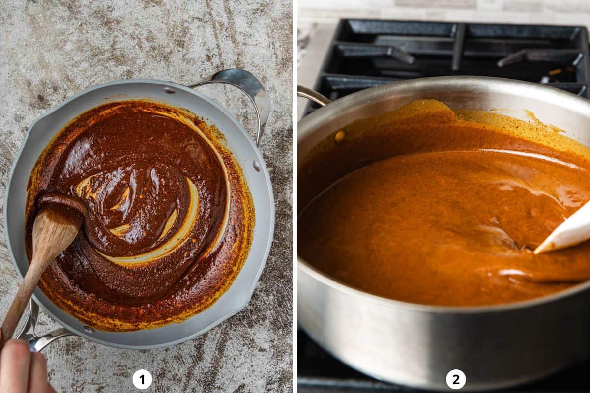 Making an enchilada sauce by making a roux and cooking the liquid until it thickens.