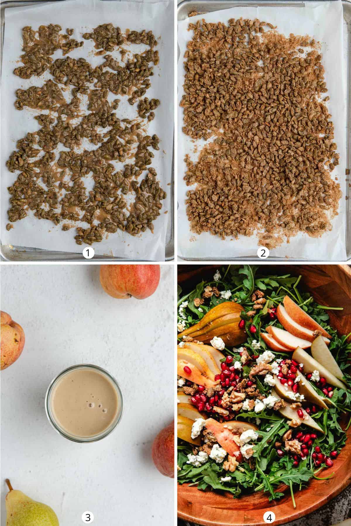 A collage of making the candied pepita seeds, making the honey-pear dressing, and assembling the salad.