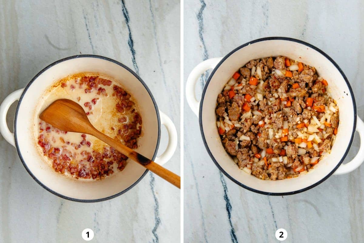 Cooking bacon bits until crispy in a dutch oven then browning Italian sausage and vegetables.