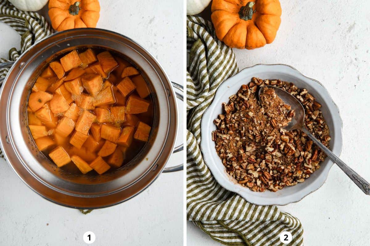 Cooking sweet potatoes in boiling water while making the brown sugar and pecan topping.