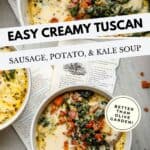 A round soup bowl filled with a sausage, potato, and kale soup with a soup spoon.