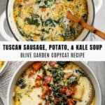 Sausage, potato, and kale soup inside of a white dutch oven, and in a soup bowl.
