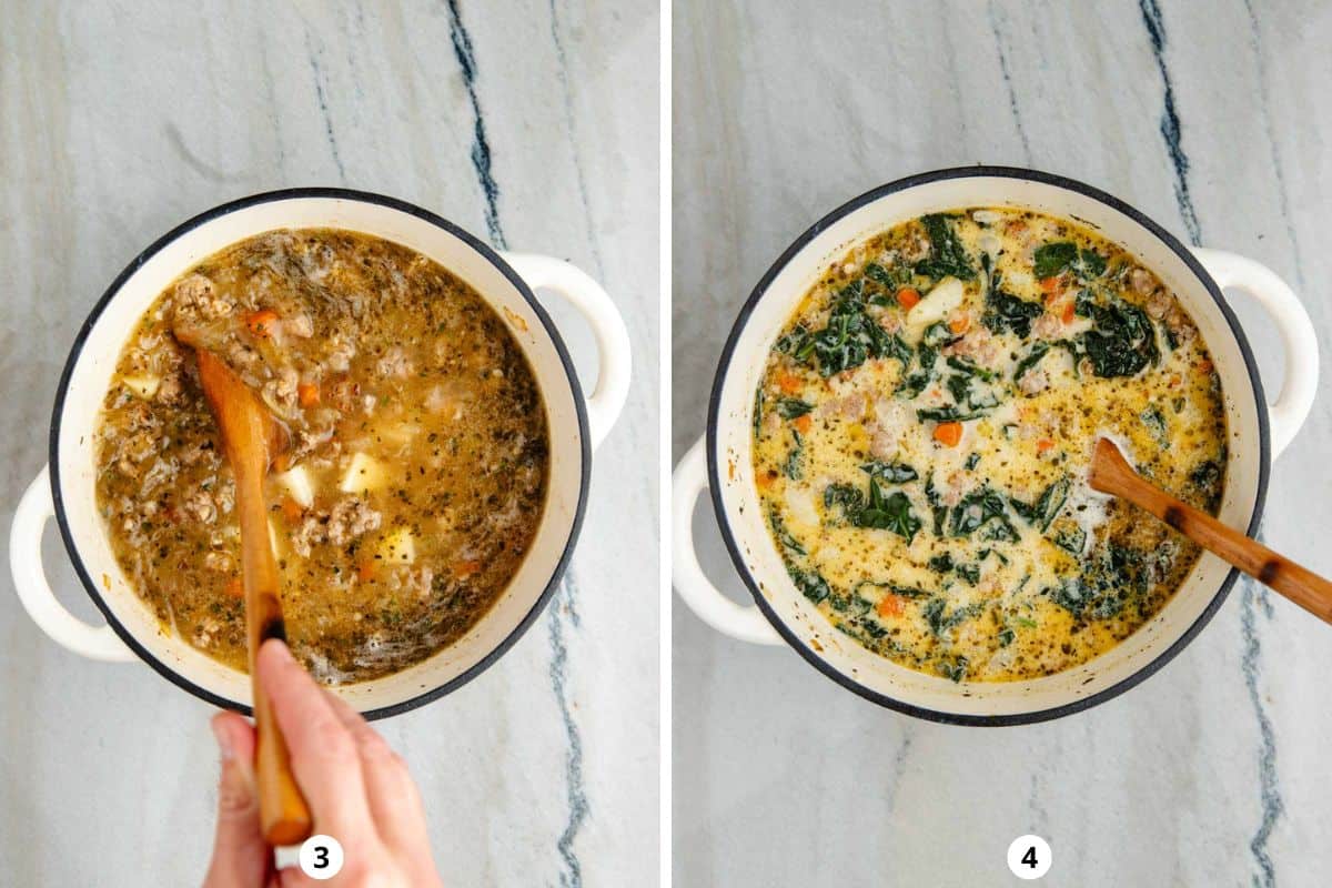 In a white dutch oven adding heavy cream to the soup and giving it a stir with a wooden spoon.