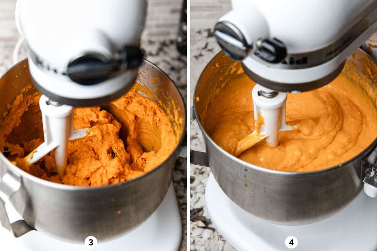Using a paddle attachment to blend sweet potato souffle mixture.