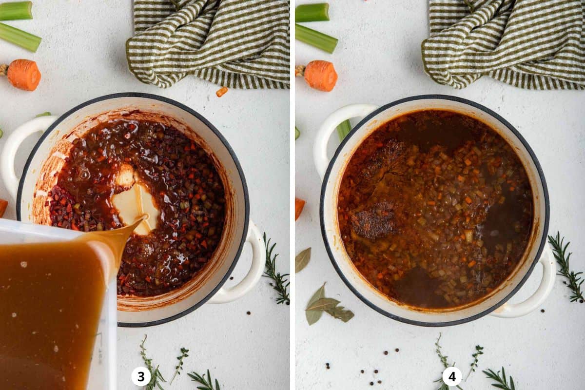 Pouring homemade veal stock into a Dutch oven and then simmering the stock until it reduces.