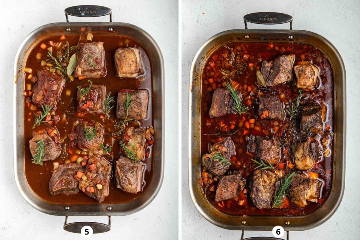 Side-by-side of short ribs before and after being braised in the over for 3 hours.