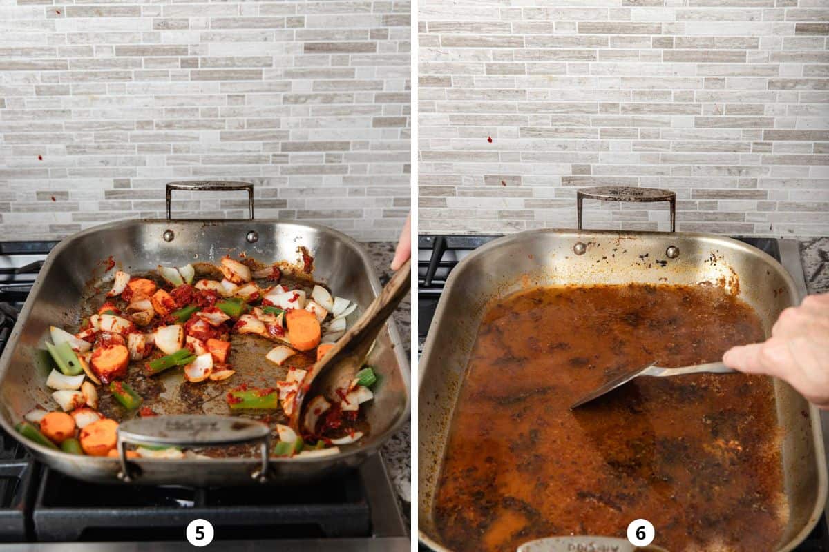 Caramelizing vegetables in a roasting pan and then deglazing the pan with water.