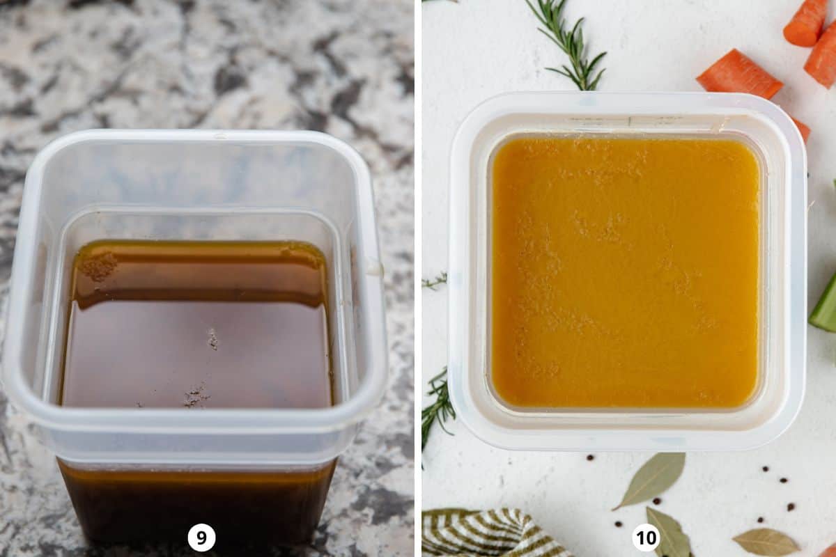 Transferring veal stock to a square plastic container and chilling it until it develops a fat cap.