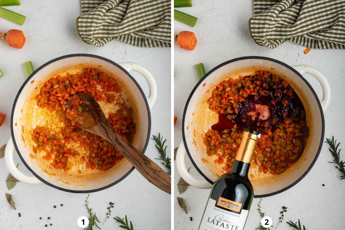 Caramelizing vegetables in a Dutch oven and then deglazing the pot with red wine.