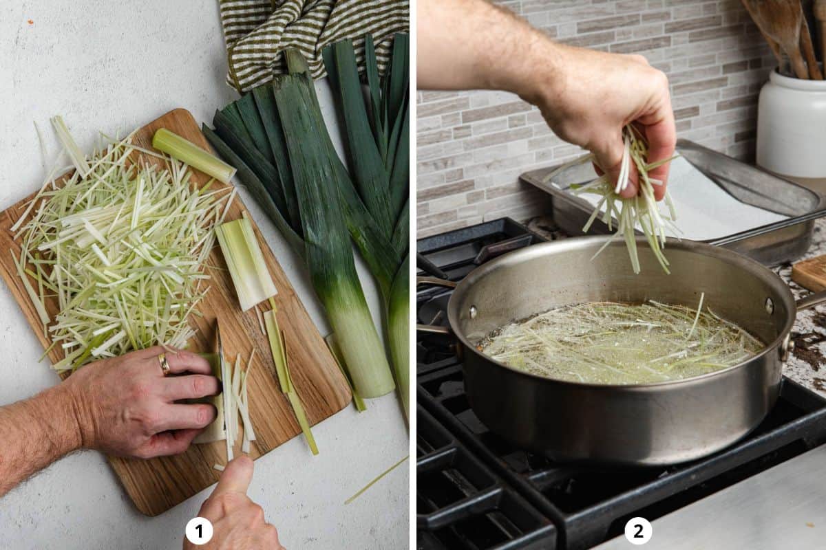 Slicing leeks with a knife and then dropping them into hot oil to fry.