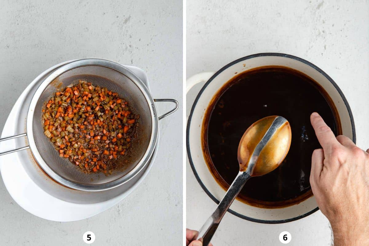 Straining vegetables through a fine mesh strainer and then reducing demi-glace until it coats the back of a spoon.