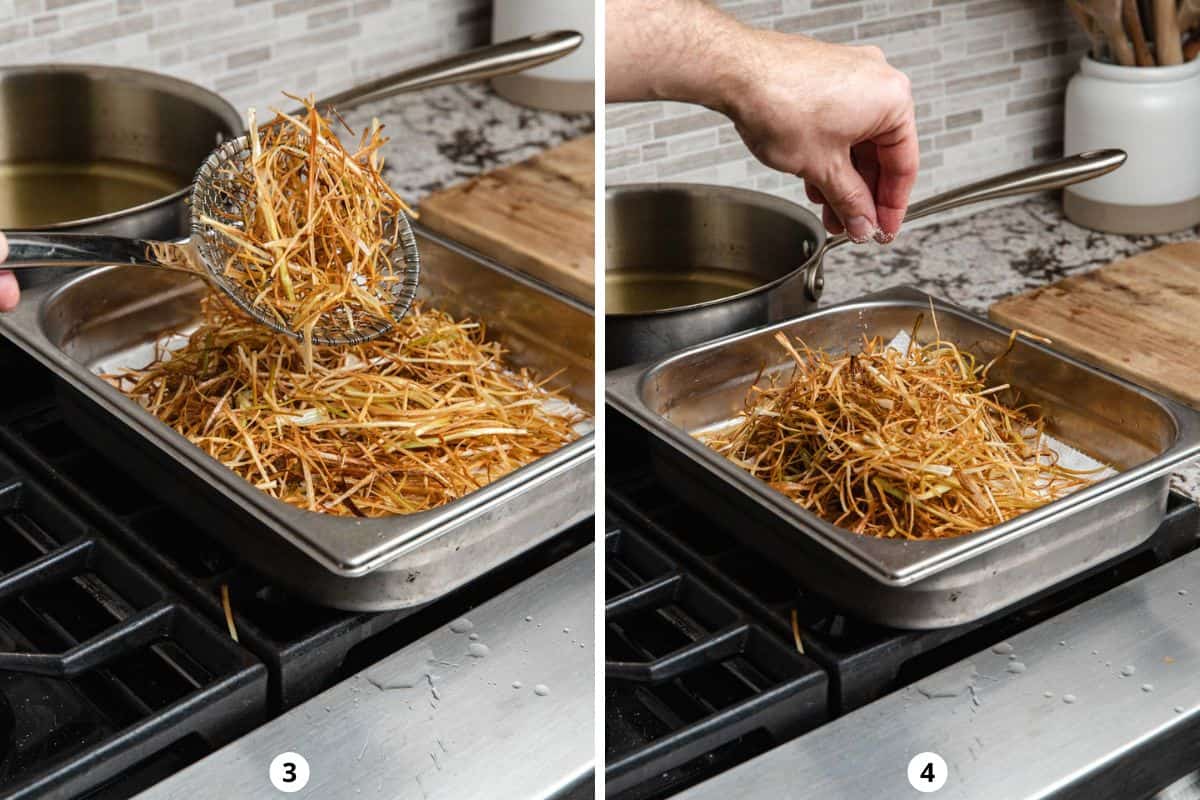 Using a spider to remove crispy frizzled leeks from oil and then season them with salt.