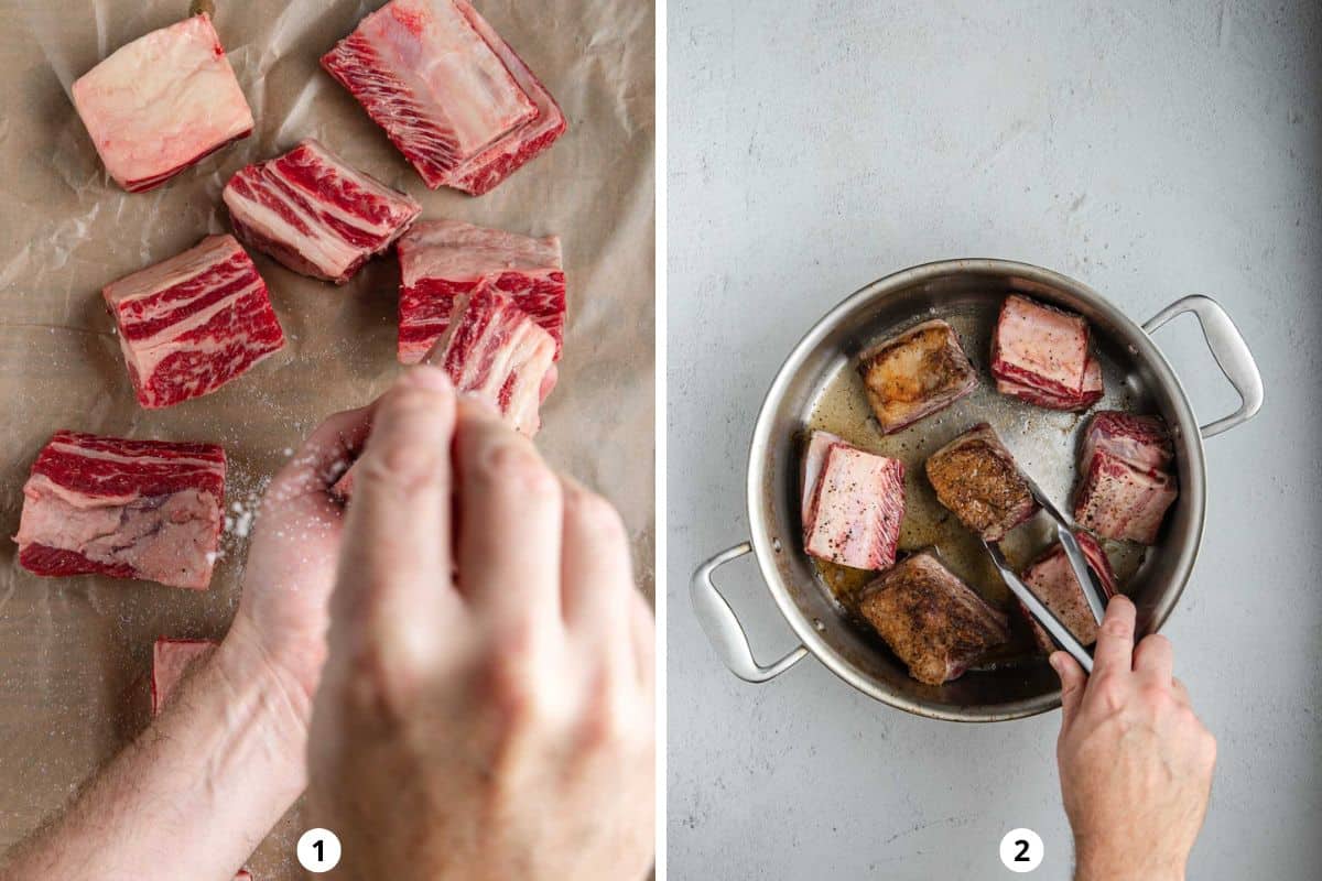 Seasoning short ribs with salt and searing them in a hot pan.