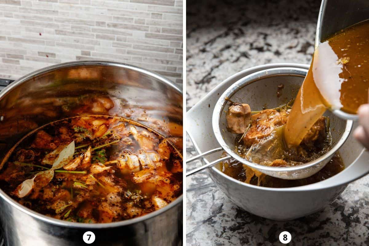 Simmering veal stock and then straining it through a fine mesh strainer.
