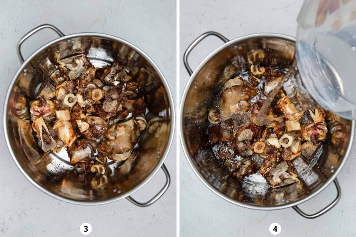 Pouring water over roasted veal bones in a stainless-steel stock pot.
