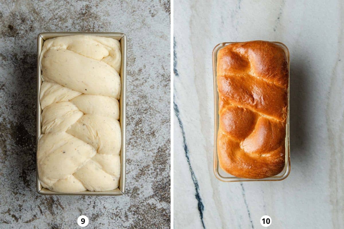 A collage of proofed bread in a loaf pan and then baked and golden brown.
