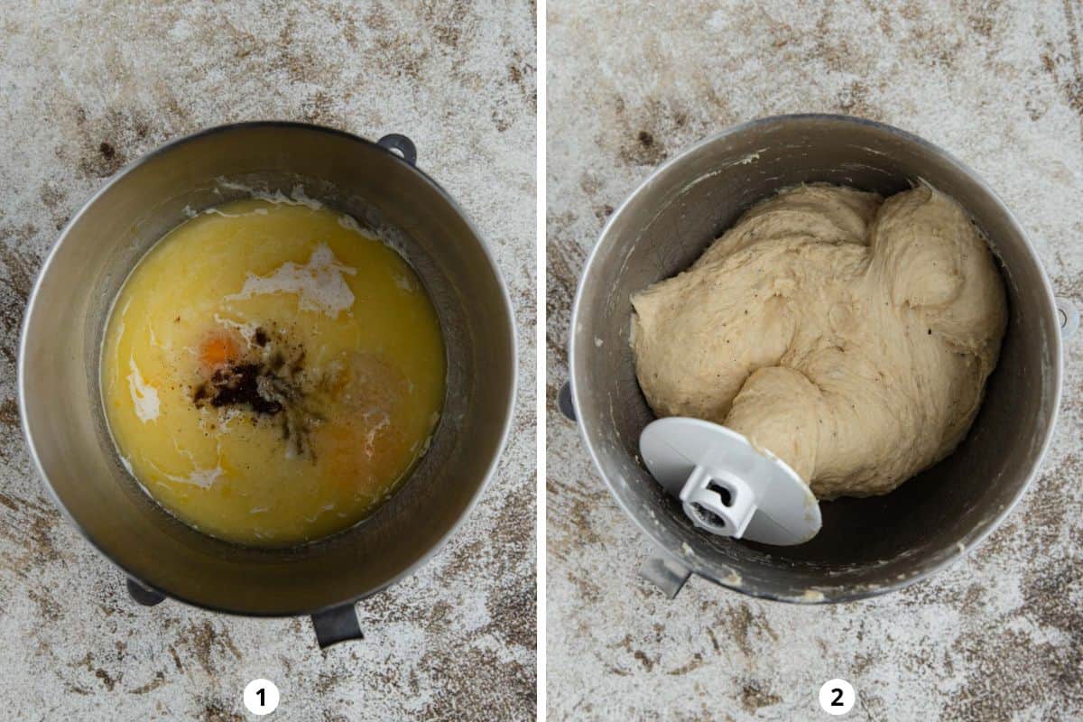 Mixing all of the Nisu bread ingredient together using a stand mixer.