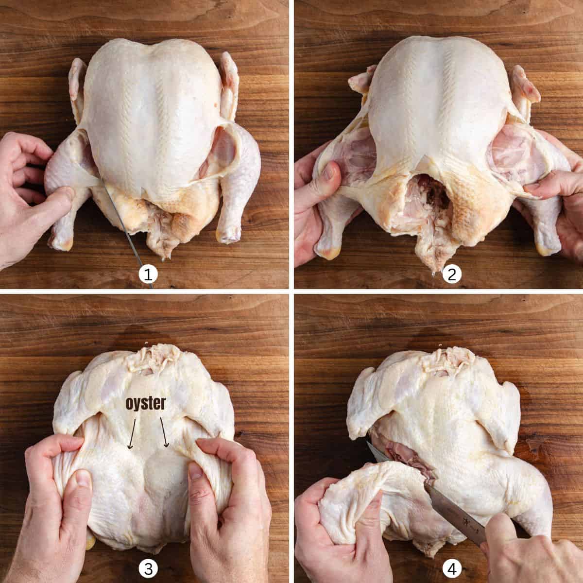 Demonstrating removing the leg and thigh meat from a whole chicken.