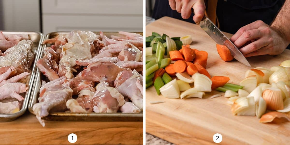 Laying raw chicken bones out on sheet pans, and roughly cutting celery, carrots, and onions.