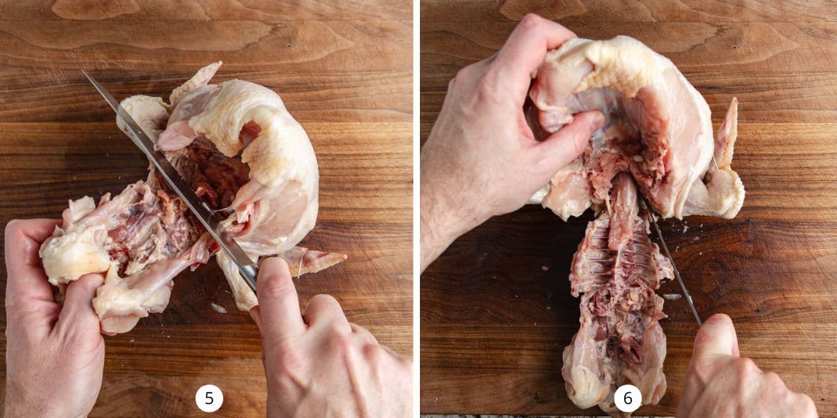 Using a sharp knife to remove the rib cage from the chicken.