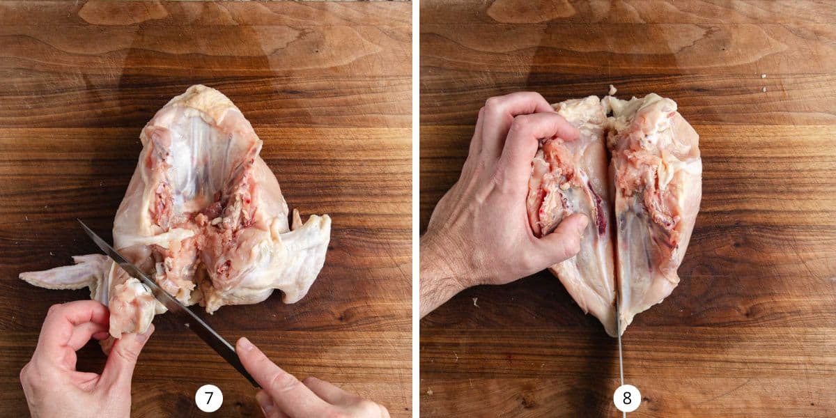 Using a sharp knife to remove the wings and split the chicken breast.