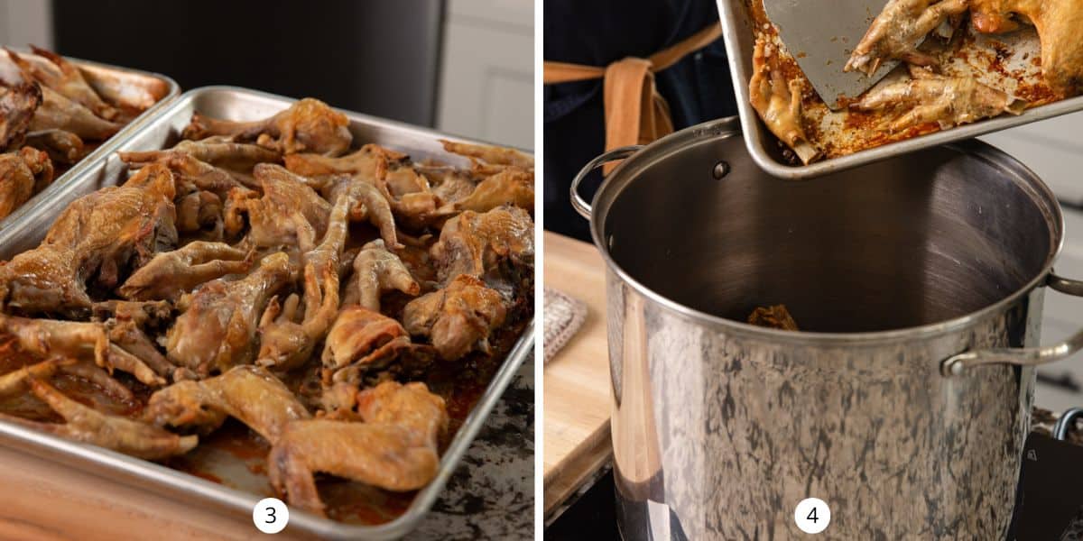 Roasting chicken bones and feet until golden brown then transferring to a stock pot.