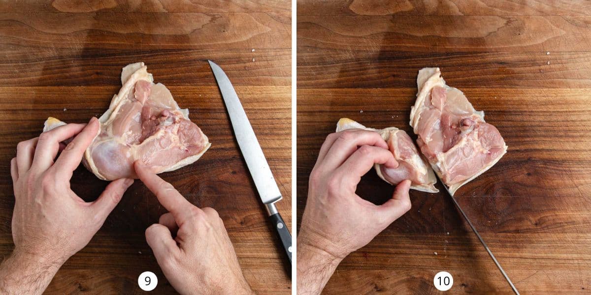 Cutting through the fat line that divides the leg and thigh meat.