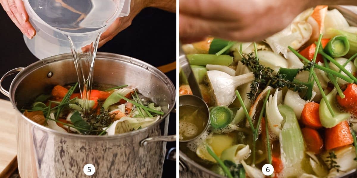 Pouring cold water over chicken bones and vegetables and bringing the stock to a simmer.