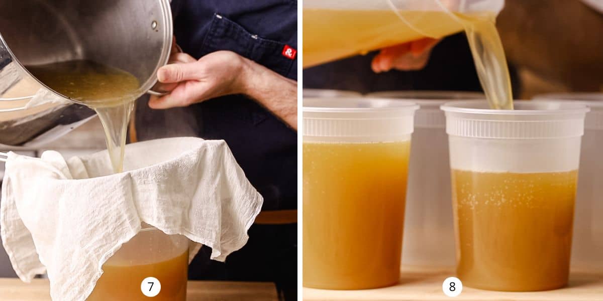 Straining chicken stock through a cheesecloth then into quart containers.
