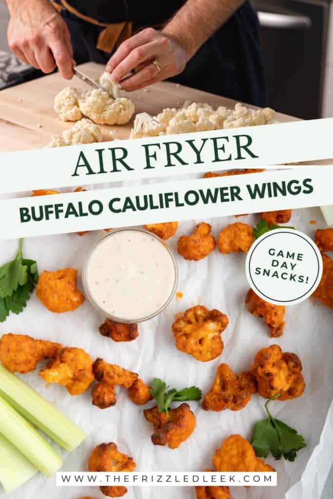 Buffalo cauliflower on a parchment-lined sheet pan with celery sticks and blue cheese dressing.