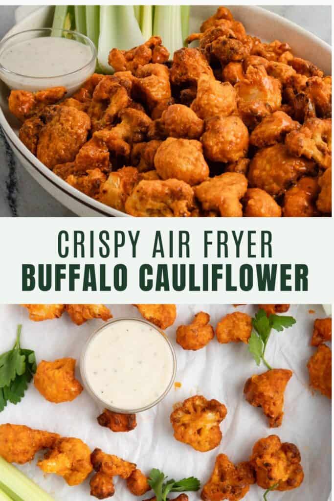 Buffalo cauliflower with celery stick and blue cheese dressing on a sheet pan and a oval platter.