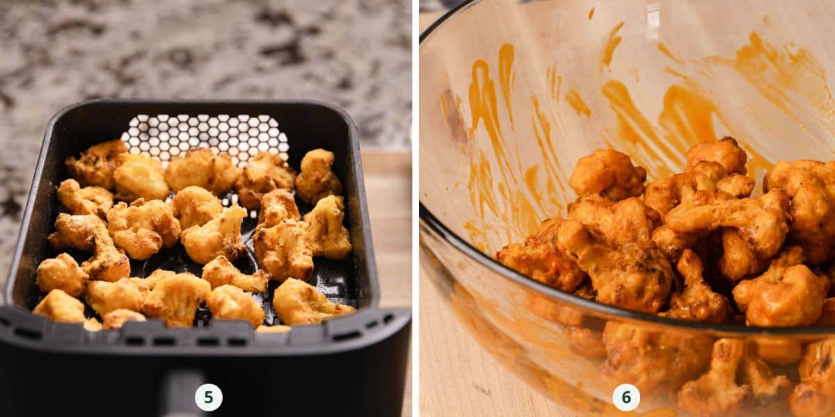 Cooking breaded cauliflower in an air fryer and then tossing it in buffalo sauce in a large glass bowl.