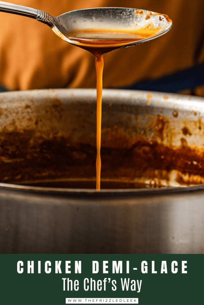 Chicken demi-glace is dripping off a spoon into a saucepan.