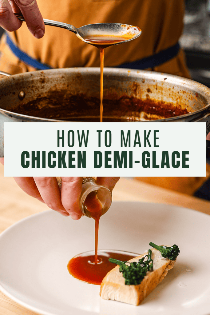 Pouring chicken demi glace in a thin stream onto a white plate with chicken and broccolini.