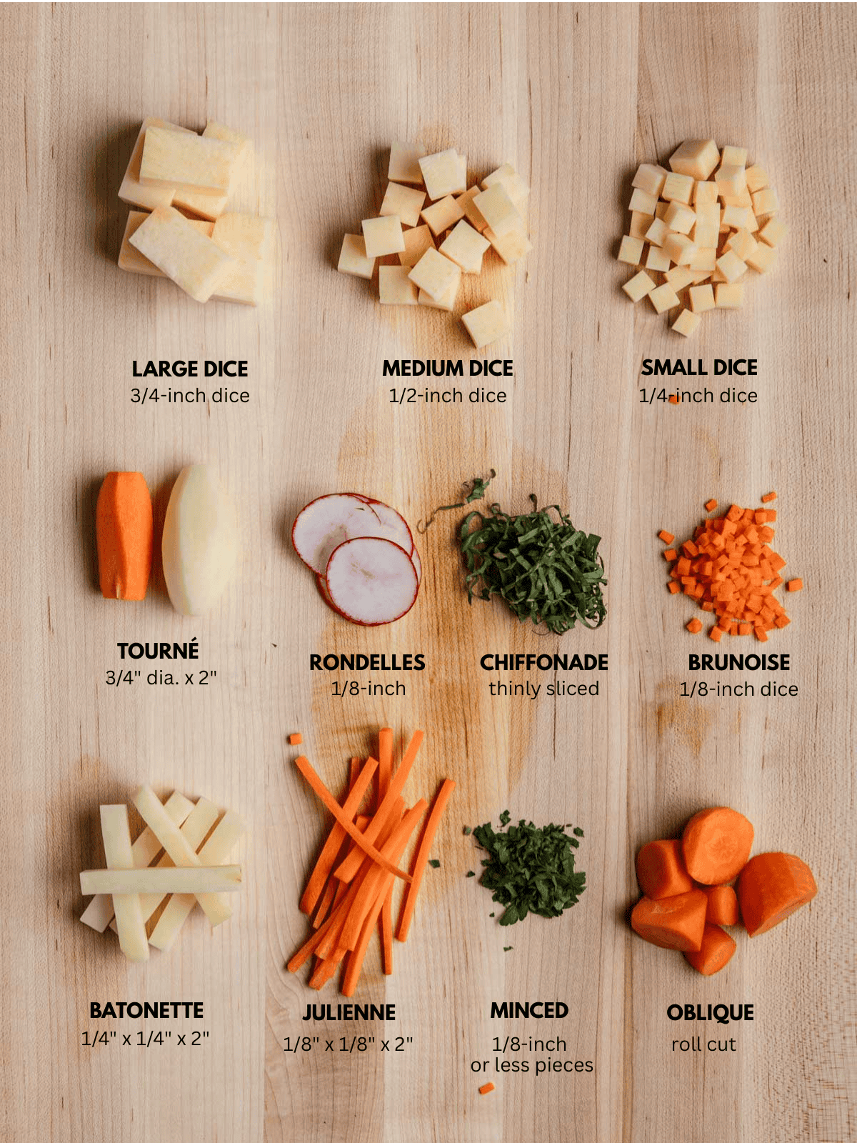 A diagram of all the different knife cuts on a wooden cutting board.