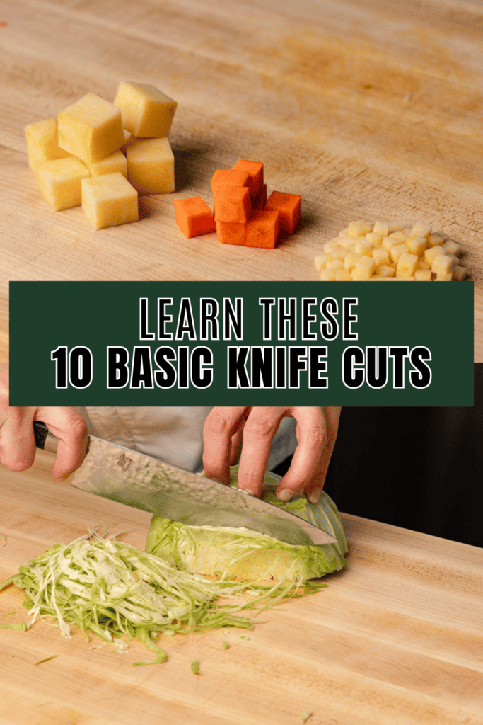 Small, medium, large dice, and shredding cabbage.