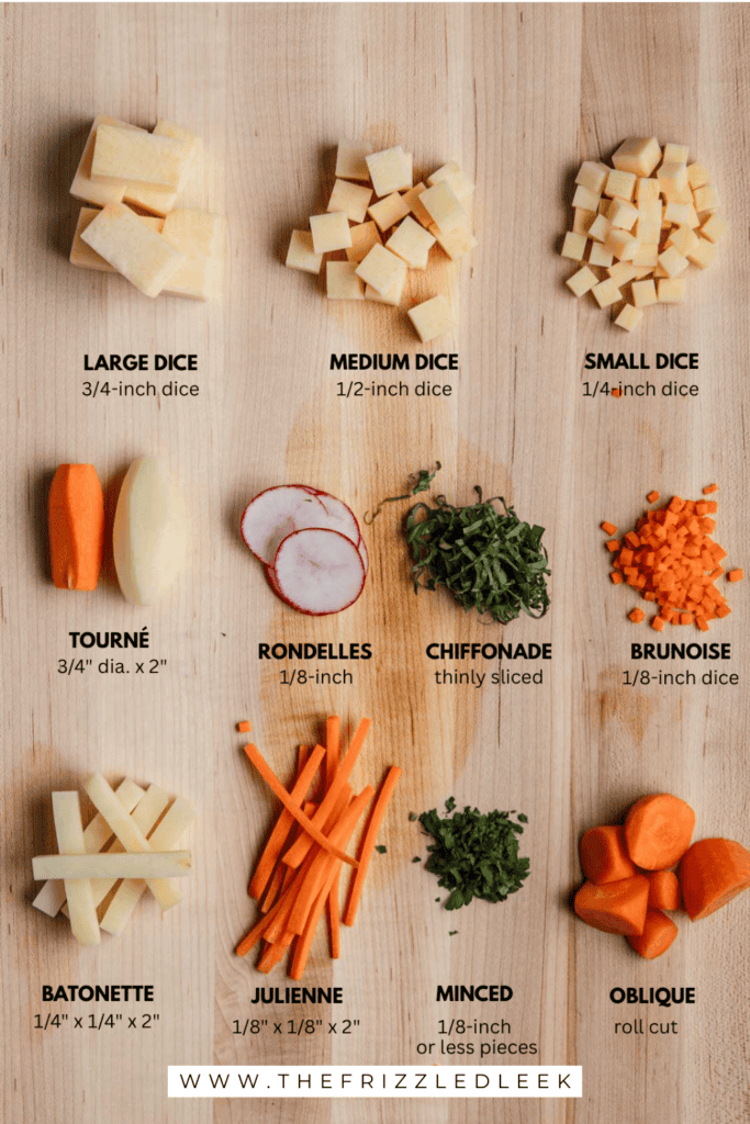 Large dice, medium dice, small dice, tourné, rondelles, chiffonade, brunoise, batonette, julienne, minced, and oblique cut.
