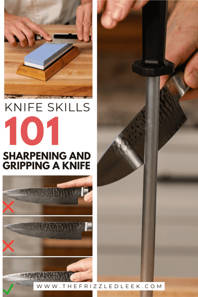 Demonstrating sharpening a knife on a whetstone, honing a knife with a steel, and showing how to hold a knife properly.