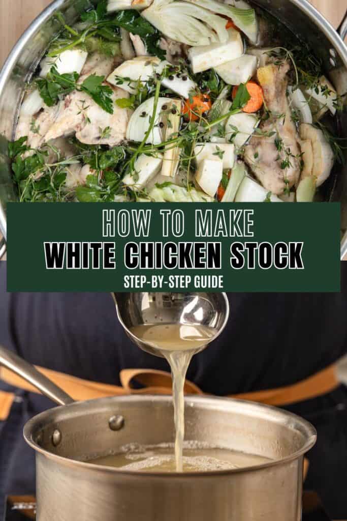 Pouring chicken stock into a sauce pan with a ladle.