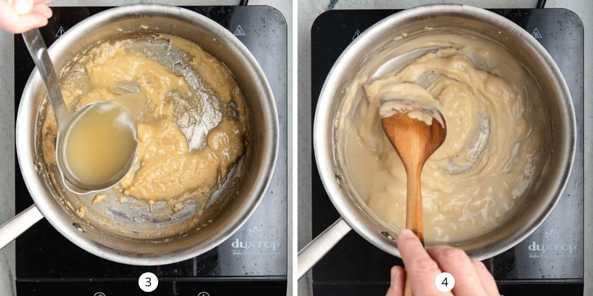 Using a ladle to add in chicken stock to a blond roux to make the velouté sauce.