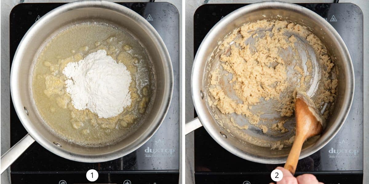 Making a blond roux in a medium-size sauce pan.